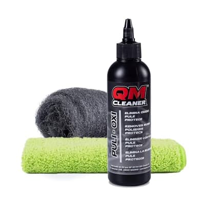 QM Cleaner Kit Puli-Oxi | Pulimento, Eliminador de manchas de Óxido, Limpiador de Cromados, reparador pequeños arañazos coche - Incluye Lana Acero 000 + Paño Microfibra