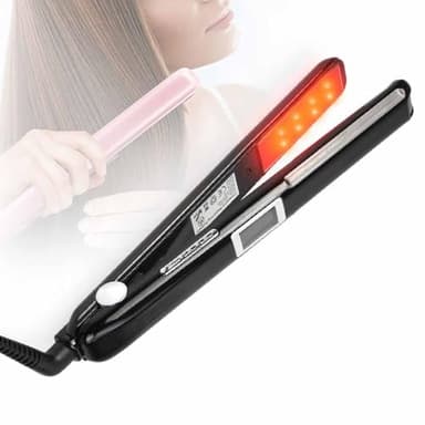 Plancha de pelo infrarrojo profesional ultrasónico con placas planas, tratamiento de queratina para cabello rizado, recupera el cabello dañado con pantalla LCD (negro)