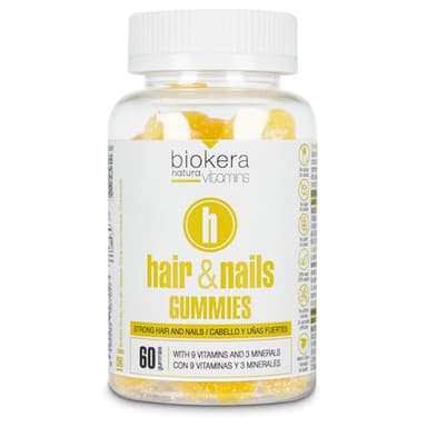 SALERM - Hair & Nails Gummies - Bote de 60 Gominolas - Biokera Natura Vitamins - Gominolas para el Pelo y Uñas - con 9 Vitaminas y 3 Minerales - Sin Lactosa - Sin Gluten - Sabor Plátano