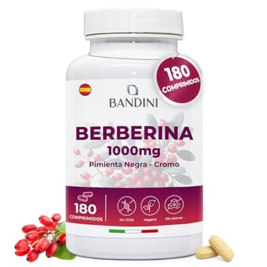 Bandini® Berberina 1000mg pura alta dosificación | 180 comprimidos veganos - Berberina HCl de Berberis Aristata 97% + Cromo y Pimienta Negra | Máxima absorción - Función digestiva, hepática, intestina