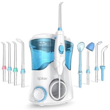 Apiker Irrigador Dental Profesional con 8 Boquillas Multifuncionales, Irrigador Bucal con Capacidad de 600ml, 10 Ajustes de Presión del agua, Limpieza Dientes, Aprobado por la FDA,Blanco
