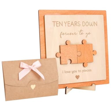 SOFPLATE Tarjeta de Aniversario de Rompecabezas, Placa de Aniversario de 10 año, Tablero de Madera, Base de Sobre, Pieza Romántica Personalizada de Madera, Juego de Letreros de Adorno para Hombres, Mu