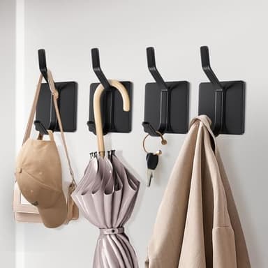Brencco Ganchos Adhesivos para Pared Negro, 4 Piezas Colgadores Adhesivos Resistentes Acero Inoxidable, Gancho Adhesivo para Baño Cocina Puerta Ropa Llaves, Sin Taladro
