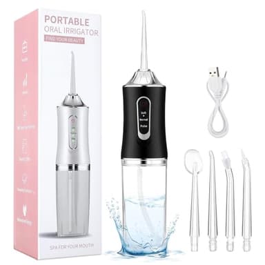Lvozize Irrigador Bucal Portatil, Recargable Irrigador Dental Portatil con 4 Boquillas 3 Modos IPX7 Impermeable 300ML Irrigadores Dentales para el Hogar y los Viajes