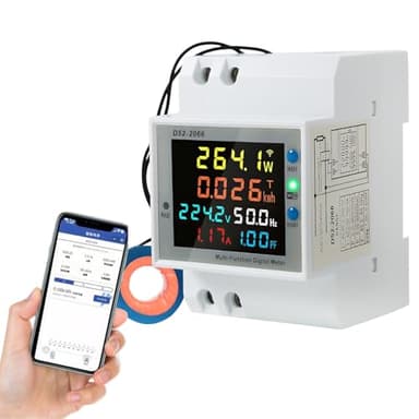 Jadeshay Medidor de Consumo Electrico Wifi 6 en 1, Contador Electrico Monofásico Medidor de Energía kWh en riel DIN AC40-300V 100A con pantalla LCD(External CT)