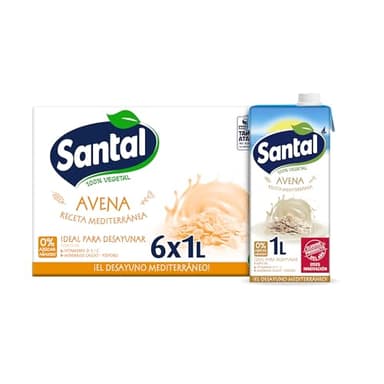 Santal - Bebida Vegetal de Avena, Sin Azúcares Añadidos, Alternativa Vegana a la Leche, Ideal para tu Café, Ideal para Desayunar, Pack 6 x 1 Litro