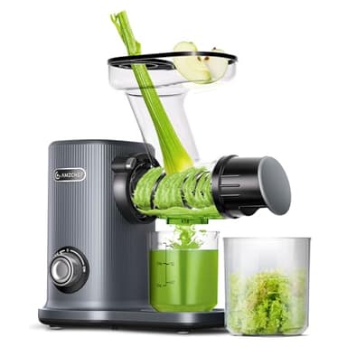 AMZCHEF Juicer Compacto Con Dos Modos De Alimentación Para Uun Uso Fácil - Extractor De Zumos Y Verduras De Alta Tecnología Con Masticación Inversa Y Un Rendimiento De Zumo Ultra Alto - Gris