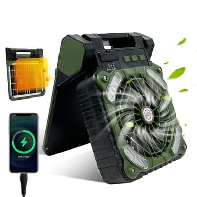 GY Ventilador Camping Solar, Bateria Recargable USB 10400 mAh, Potente de 4 Velocidades Ajustable, Lampara Ventilador LED, Silencioso con Temporizador