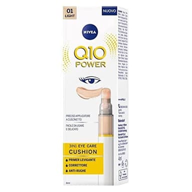 Nivea Q10 Power 3 en 1 Eye Care Cushion 01 Light 4 ml, crema de ojos coloreada e hidratante, imprimación de ojos antiedad con coenzima Q10, corrector de ojeras suavizante