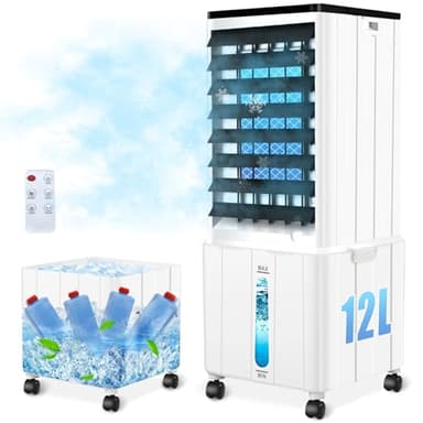 Aire Acondicionado Portátil, Enfriador de Aire de 12L 60W con Temporizador de 12H, 3 Modos, 40dB, Control Remoto, Climatizador Evaporativo Sin Tubo Exterior para Habitación