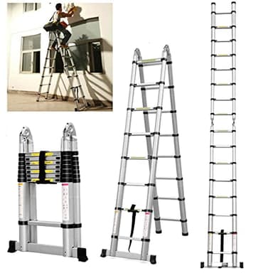 Escalera Telescópica de Aluminio de 2,5 m+2,5 m, Escalera Extensible Plegable Marco A con 8 + 8 peldaños, Resistente y Antideslizante, Capacidad de Carga de 150 kg, EN131