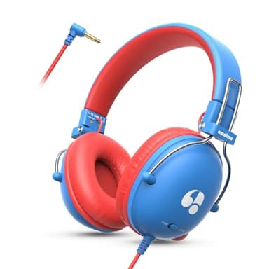 awatrue Auriculares Niños con Cable, Límite de Volumen de 74/85 dB, Sonido Estéreo, Sonido HD, Plegables, para la Escuela, Tablet, PC (Azul Rojo)