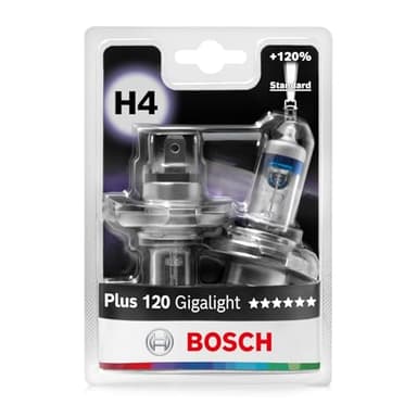 Bosch H4 Plus 120 Gigalight, Lámparas Halógenas para Faro Delantero, 12 V 60/55 W, 120% Más Luz - Casquillo Tipo P43t - Recambio de Luz para Coche, Paquete de 2 Lámparas
