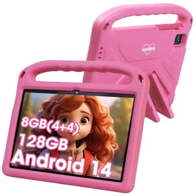 weelikeit 2024 tableta infantil mejorada, Android 14 de 10 pulgadas, 8 GB RAM + 128 GB memoria, batería larga de 6000 mAh, cámaras dual, tableta para niños pequeños, rosada