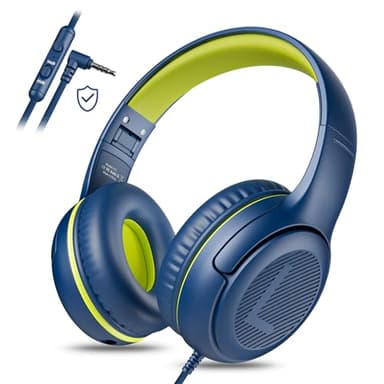 awartue Auriculares Niños con Cable Audio 3.5mm, Volumen Limitado 85/94dB, Diadema Ajustable Almohadillas Suaves, Cascos Infantiles para Clases Online/Viajes/Estudi, Azul y Verdoso