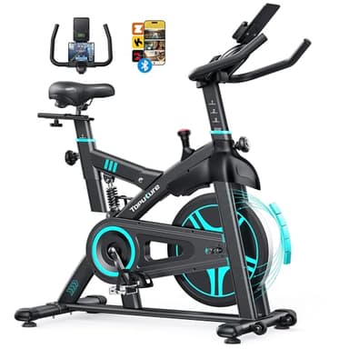 Toputure Bicicleta Estática para Uso DoméStico con APP y Volante 15KG, Muelle Amortiguado para Absorción de Impactos, Bicicleta de Spinning Magnética para Interior, Fitness y Cardio en Casa, MAX 160KG