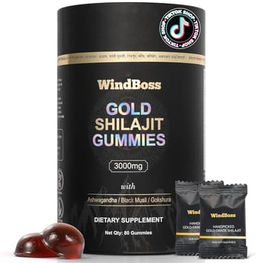 WindBoss Gold Shilajit Gummies del Himalaya en Gominolas – Con Ashwagandha, Gokshura, – Apoyo al Sistema Inmunitario y Equilibrio del Estrés – 80 Gominolas