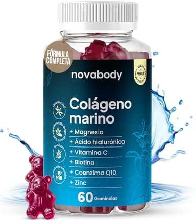 Gominolas Colágeno Marino Hidrolizado, Sin Azúcar, Magnesio, Ácido Hialurónico, Vitamina C y E, Biotina, Selenio, Coenzima Q10, Zinc - 100% Natural – Para Piel, Pelo, Articulaciones y Huesos – 60 uds