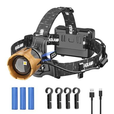 SENDALE Linterna frontal LED recargable, 100000LM linterna de cabeza para camping recargable con sensor de movimiento, 7 modos, zoom, linterna frontal de 9000mAh alimentada por batería