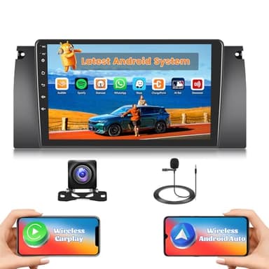 Hikity 2G+64G Android 15 Radio Coche para BMW Serie 5 X5 / E39 / M5 / E53 1996-2003 con Pantalla Táctil de 9 Pulgadas Radio 2 DIN con Carplay Android Auto Radio RDS/FM Inalámbrica BT GPS WiFi+CAM+Mic