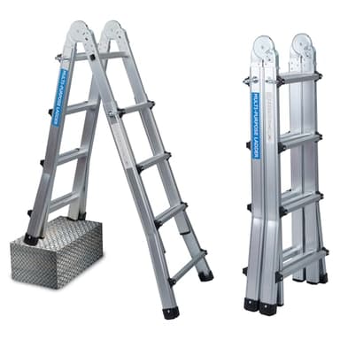 UZIRO Escalera Telescópica Plegable Articulada de Aluminio 4x4, Multiposición Extensibles 4,14 M, 4 Peldaños, Soporta hasta 150 KG, Plegable y Compacta