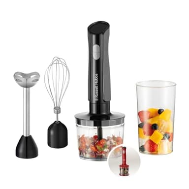 Russell Hobbs Batidora de inmersión [batidora de mano 3 en 1] Picadora eléctrica (procesador de alimentos con 3 accesorios para alimentos para bebés, batidos, sopa, 2 velocidades + pulso, acero