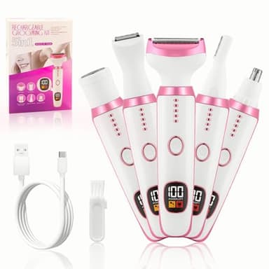 NXPZ Máquina de Afeitar Eléctrica para Mujer, 5 en 1 Máquina de Afeitar Eléctrica para Mujer, Rasuradora Íntima Sin Dolor, para Bikini, Axilas, Piernas, Cejas y Nariz, con Pantalla LED, Carga USB