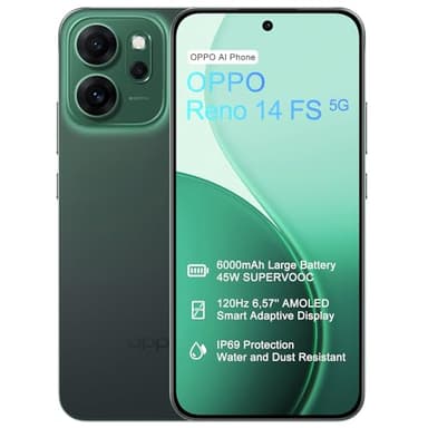 OPPO Reno14 FS 5G 12+512GB Teléfono Movil, IA Smartphone Android, Pantalla AMOLED 120Hz de 6,57", Cámara AI 50+8+2MP, Batería 6000mAh, SUPERVOOC 45W, Snapdragon 6 Gen 1, IP69, Dual SIM, NFC, Verde