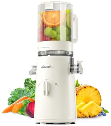 Extractor de Zumos y Verduras, Zasmira Exprimidor Lento Mejorado con Canal de Alimentación de 120 mm, Licuadoras para Zumos y Batidos, 99,6% de Pureza del Jugo, Más Fácil de Limpiar, 2 Tazas Incluidas