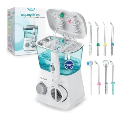 Irrigador dental de sobremesa Aquapik® – Limpieza bucal profunda con 10 niveles de presión, 8 boquillas, depósito de 600 ml, ideal para encías sensibles, ortodoncia, puentes e implantes.