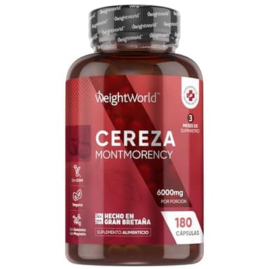 Cereza Montmorency 6000mg, 180 Cápsulas, Suministro para 3 Meses - Extracto de Cereza Montmorency 50:1, Apto para Veganos, Sin Gluten y Sin Lactosa