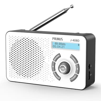 PRUNUS J-408 FM Radio DAB con Bluetooth 5.3, DAB Plus Radio funciona con pilas o batería de 2000 mAh, radio digital con 40 FM y 40 DAB preajustes, toma de auriculares, alarma dual/temporizador de
