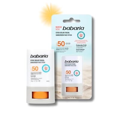 Babaria - Stick Solar Facial 50 |Protección Alta Con Aloe Y Manteca De Karité |Coral Friendly Y Biodegradable | Resistente Al Agua Y Al Sudor | Vegano | Stick Solar Niños,20g, El embalaje puede variar