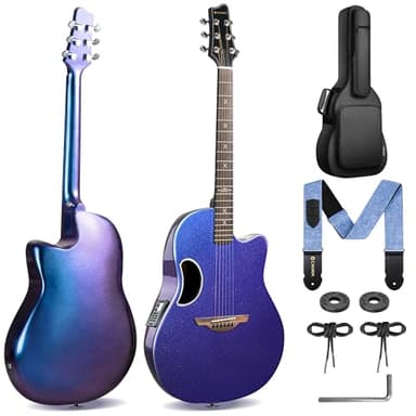 CAHAYA Kits de Guitarras Electroacustica – Guitarra de Color Azul Degradado con Material de Fibrade Carbono Equipada con Un Pastilla Incorporado con Funda de Actuación y Correa de Guitarra Ideal para