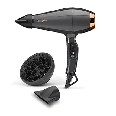 BaByliss Secador de pelo Italian Air Pro con Difusor - Motor AC Profesional, Alta potencia 2200 W, Tecnología iónica antiencrespamiento, 2 temperaturas y 2 velocidades, Made In Italy, Negro, 6719DE