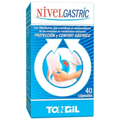 Nivelgastric | Fórmula Antiácidos Estómago para Salud Gastrointestinal | Con Regaliz, Jengibre, Nopal, Aloe Vera y Riboflavina | Extracto Patentado Gutgard | Vegano, No-GMO | 40 Cápsulas | TONGIL