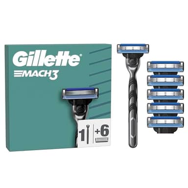 Gillette Mach3 Maquinilla De Afeitar Para Hombre Con Recambios, 1 Mango De Acero Inoxidable, 6 Cuchillas De Recambio Con 3 Hojas y Banda Lubricante