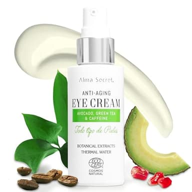 ALMA SECRET | Contorno de Ojos Antiedad con Aguacate, Té Verde y Cafeína - 30ml - Ojeras, Bolsas y Arrugas - Vegano, Antiage, ECOCERT - Coenzima Q10, Ácido Hialurónico y Probióticos