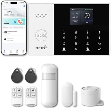 PGST Kit Sistema de Alarma Inteligente WiFi gsm(2G) para el hogar, Sirena 110 dB, Sensor Movimiento y Apertura de Puertas/Ventanas, Alarma sin cuotas, 2,4 GHz, Control Remoto a través de App