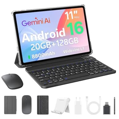 Tablet 11 Pulgadas Android 16 con Teclado, Lápiz, Ratón y Funda - 20 GB RAM + 128 GB ROM - T7250 Octa-Core - Pantalla HD 1280 x 800 - 8800 mAh - Widevine L1 - Cámara 13MP+8MP - WiFi 2,4G/5G - GPS