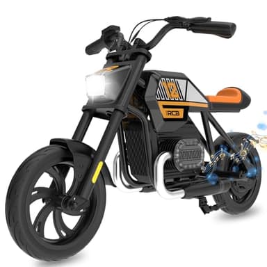 RCB R9 Moto Eléctrica Niños con Iluminación Ambiental, Velocidad de 10/15/25 KMH & 15 KM de Largo Alcance，Altavoz, 12" Motos Eléctricas Infantiles de 6+ Años
