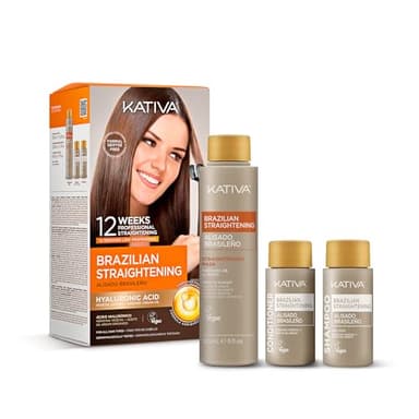 Kativa Kit Alisado Brasileño - Tratamiento Alisado Profesional en casa - Hasta 12 Semanas de duración - Alisado Keratina - Keratina Vegetal - Sin formol - Fácil de aplicar.