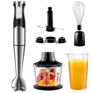 VIYSPNV Batidora de Mano 1200W Multifunción 6 en 1 con Función TURBO Velocidades Ajustables Acero Inoxidable con Batidor, Picadora, Vaso Medidor y Más, Ideal para Sopas, Salsas y Alimentos para Bebés