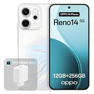 OPPO Reno14 5G 12+256GB, Smartphone Android liberado con IA, Pantalla 6,59" 120Hz AMOLED, Cámara AI 50+50MP, Batería 6000mAh, Resistencia al Agua IP69, Opal White (Incluye Cargador 80W SUPERVOOC)