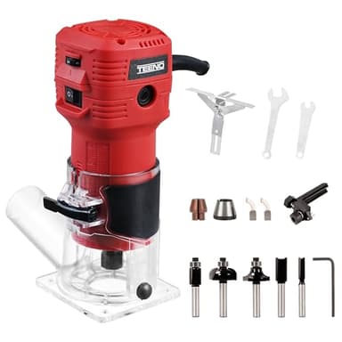 TEENO Fresadora De Madera Rebajadora Eléctrica 650W 15000-32000 RPM CON EXTRACTOR DE POLVO, 6 Velocidades Variables, 5 piezas Alicates de 1/4'',Pinza De Base Fija De 6/6.35MM