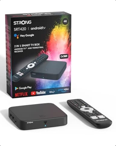 STRONG SRT420 TV Box Android TV 4K con Puerto Ethernet, DVB-T2, 2GB RAM + 8GB Almacenamiento, Chromecast Integrado, WiFi, Asistente De Voz Google, HDR10+