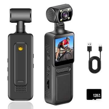 BAKENLON Cámara Corporal 4K, Cámara de Bolsillo con 64 GB Incluidos, Camara Corporal/Vlog/POV con Lente Giratoria de 180°, 4K Body CAM Portátil para Deporte, Bicicleta, Viajes