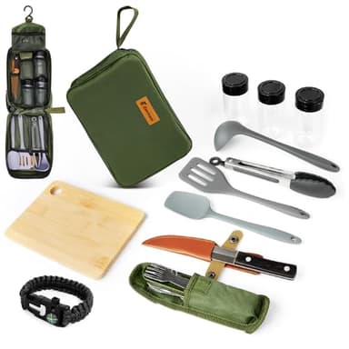 E EASTSTORM Juego de utensilios de cocina de mini accesorios de camping, 12 piezas, organizador de utensilios de camping, kit de viaje con cubiertos multifuncionales, bolsa de almacenamiento