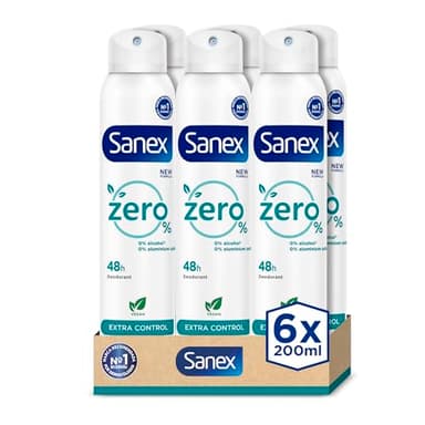 Sanex Zero% Extra Control Desodorante Spray, Pack 6 Uds x 200ml, Protección 48H, 0% Alcohol y 0% Sales de Aluminio, Ingredientes Antibacterianos, Inhibe la Formación de Olores Corporales
