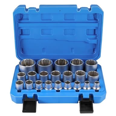 Gueenky 21 Piezas Llaves de Vaso Torx Hembra 8-36 mm, 1/2" Llaves de Vaso Puntas Multidientes con Perfiles de 12 y 6 Puntas, Caja de Herramientas Azul